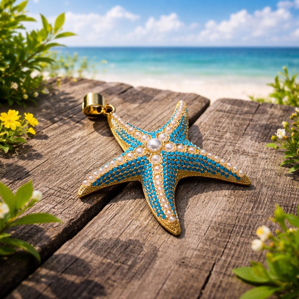 STUNNING Large Pearl & Turquoise Starfish Pendant